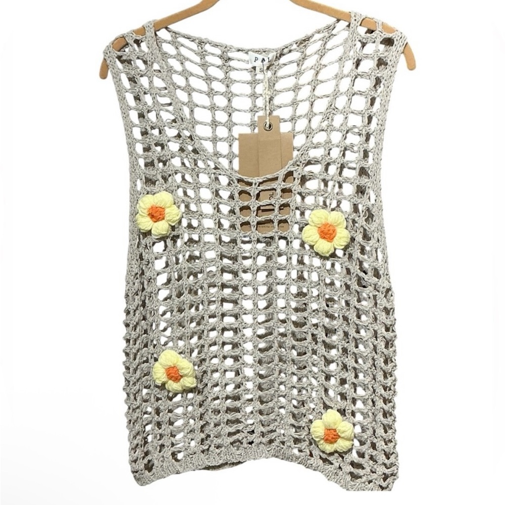 POL Crochet Flower Scoop Neck Boho Top S 21” p2p Mocha $84 Retail NWT - Picture 2 of 9